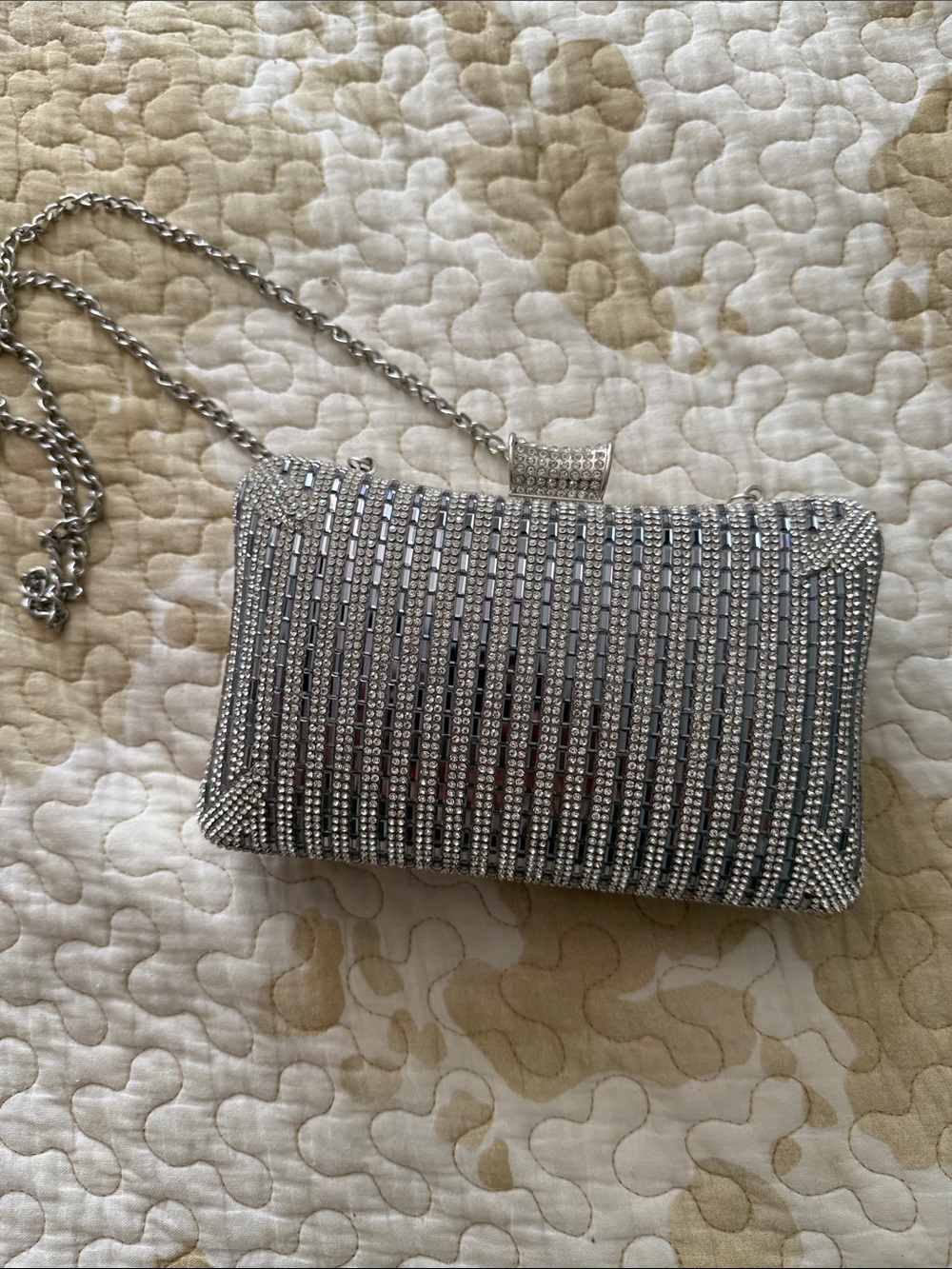 Silver Crystal-Embellished Evening Clutch with Chain Strap